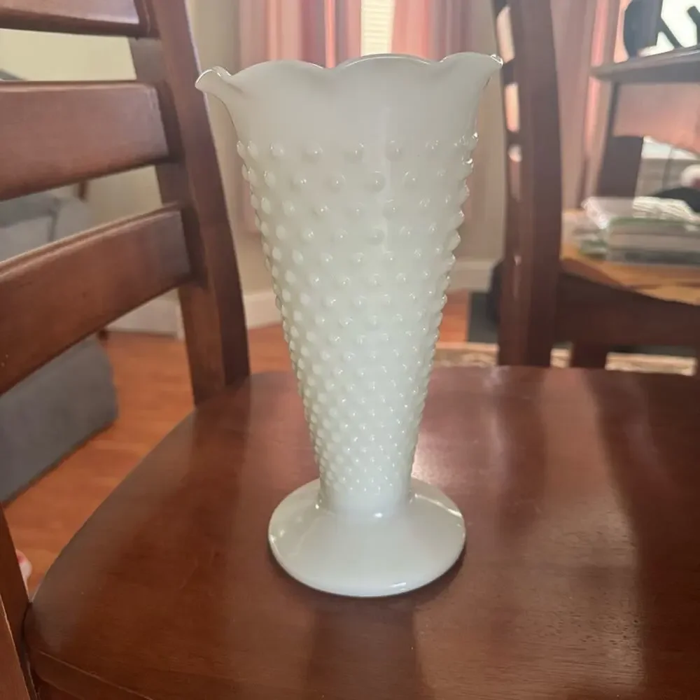 Anchor Hocking Hobnail Milk Glass Large Trumpet Vase Dot and Dash,  Scallop Edge